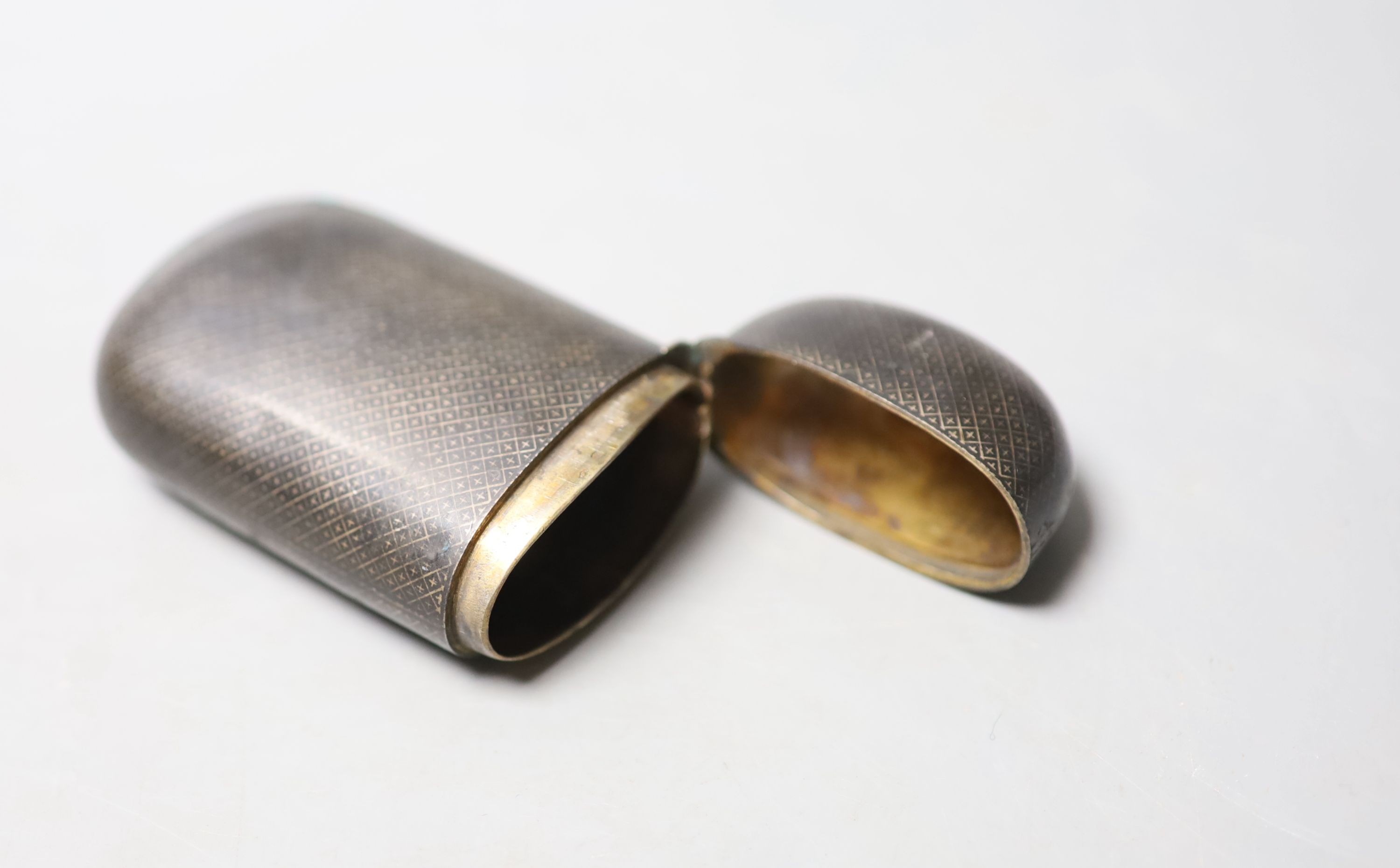 A 19th century French white metal and niello cigarette? case, 93mm, gross 79 grams.